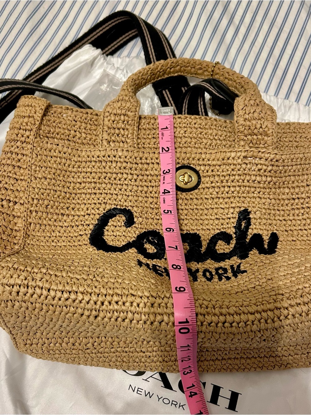 Coach Tan Woven Straw Tote with Brown Leather Patch - Picture 2 of 10